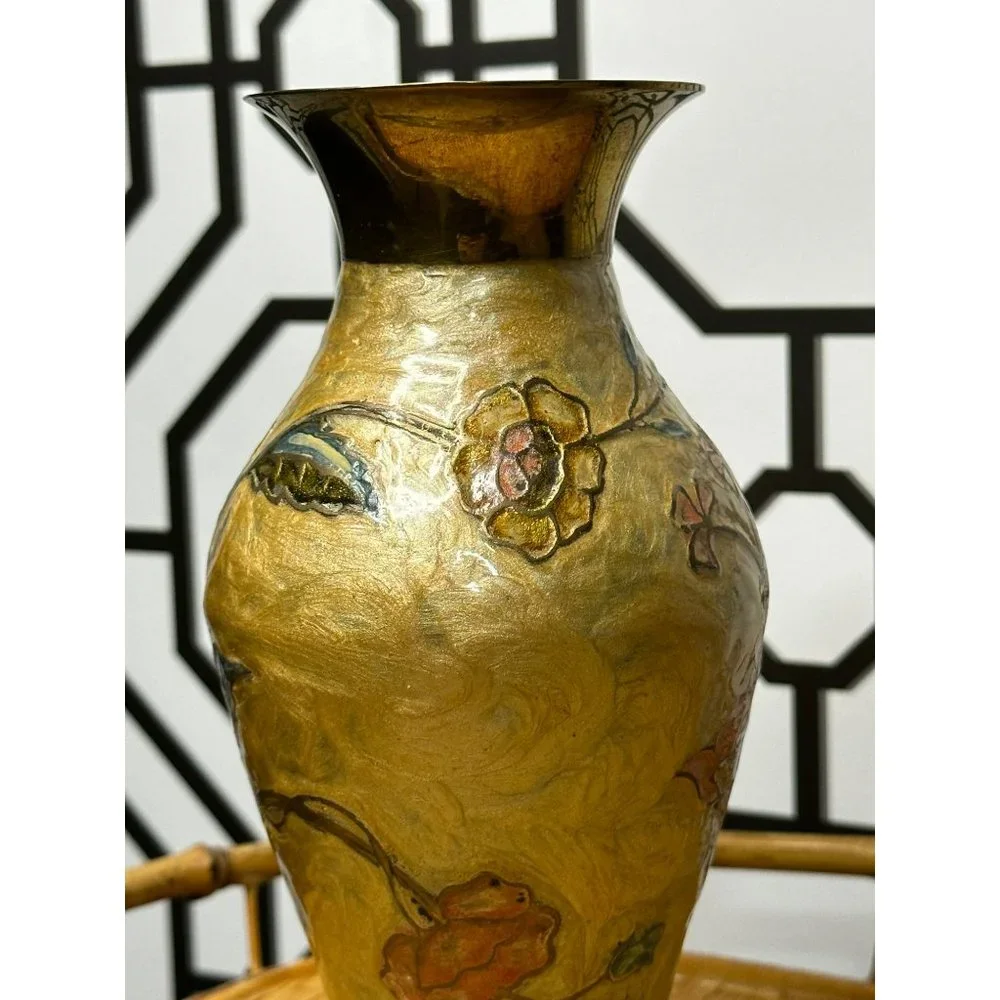 Vintage Gold Brass Vase With Enamel Flowers - BOHO Decor - Shelf Decoration - Picture 3 of 7
